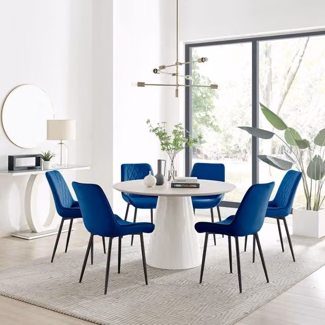 FurnitureboxUK Palma Beige Stone Effect Round Dining Table and 6 Pesaro Navy Blue Chairs with Black Legs