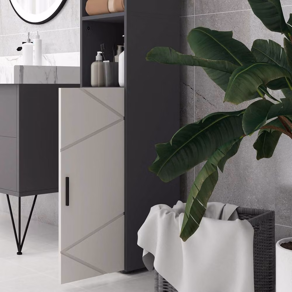 STILVORA Modern Grey Bathroom Storage Cabinet with Hinged Doors and LED Lighting – 5