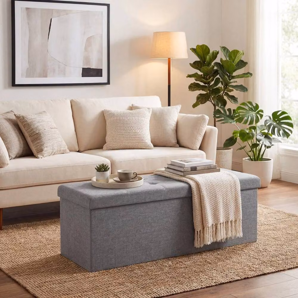 KORVIXA Grey Fabric Upholstered Storage Ottoman Bench, W/D/H: 110 x 38 x 38 cm – 4