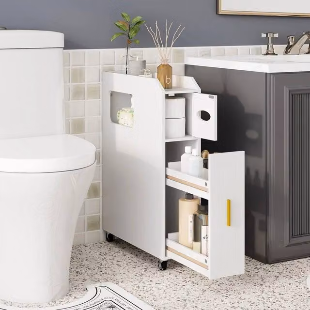 KORVIXA Small Freestanding Bathroom Storage Cabinet with Toilet Brush Holder in White – 1
