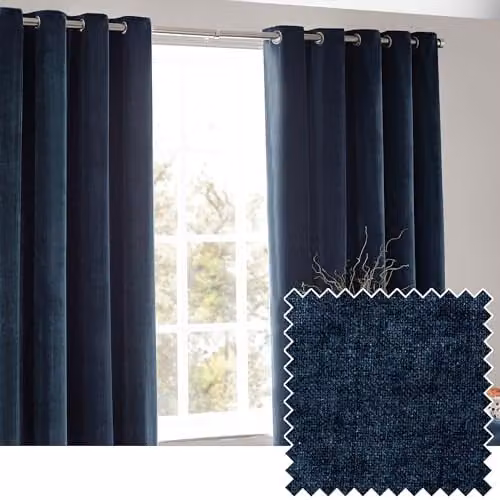 Riva Home Blue Chenille Velvet Eyelet Curtains W/H: 117 x 183 cm – 1