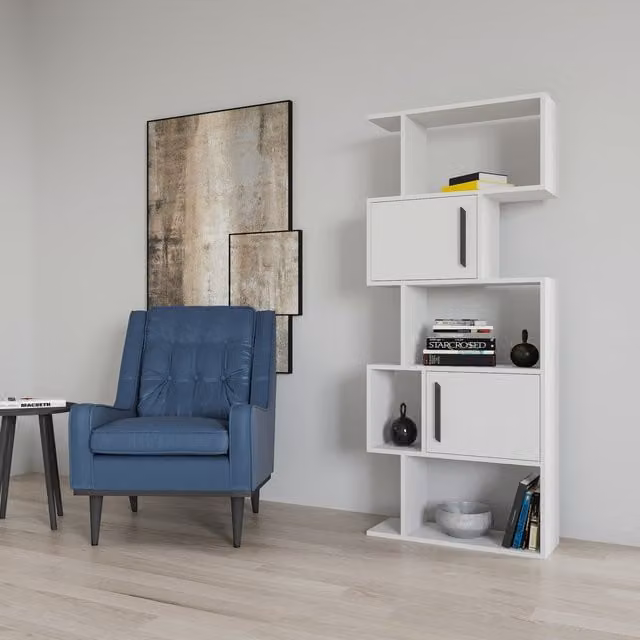 Decorotika White Industrial Geometric Bookcase with Cabinets, H 173.0 x W 71.0 cm
