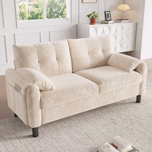 Rolipo Modern Beige 2 Seater Chenille Sofa with Storage Pockets and Scatter Cushions