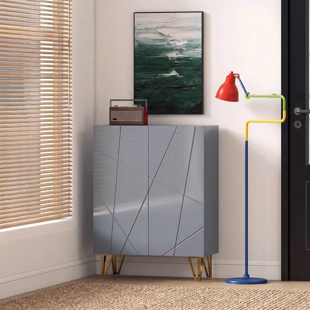 KORVIXA Narrow Glossy Grey Shoe Storage Cabinet with Soft-Close Hinged Doors – 4