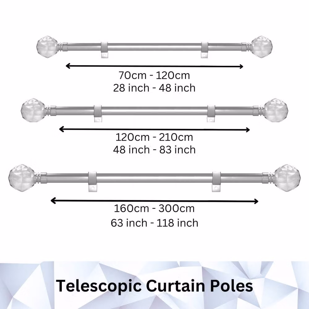 Caecus Metal Eyelet Extendible Curtain Pole 28mm Diameter in Black with Crystal Ball Finial Ends, Length: 120-220 cm – 2