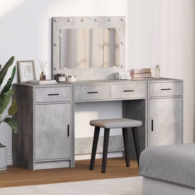 Berkfield Home 3 Piece Modern Dressing Table Set with Hollywood LED Lighting in Concrete Grey