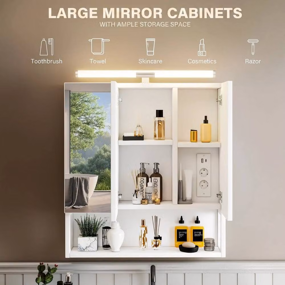 FORGEVIO White Wall-Mounted Bathroom Mirror Cabinet with LED Lighting and Shaver Socket – 4