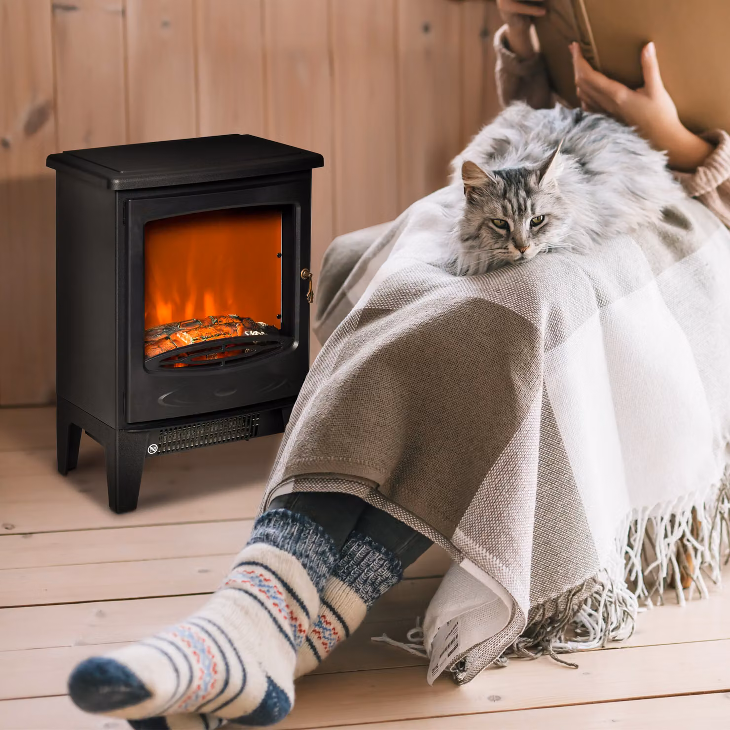 HOMCOM Electric Fireplace Stove with Realistic Flame Effect, Black, 1800W – 2