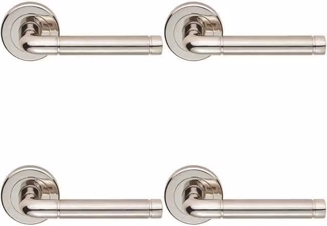Loops 4 Pair Straight Elliptical Lever on Round Rose Concealed Fix Door Handles in Nickel Plated Silver