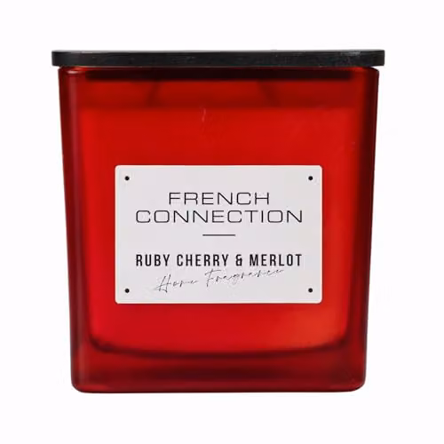 French Connection Dark Cherry Scented Candle in Red Frosted Glass Jar with Wooden Lid