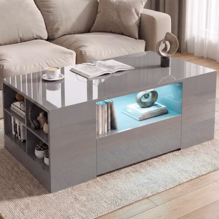 DHS Grey High Gloss Modern Rectangular Coffee Table with LED Lights and Storage Drawers W/D/H: 95 x 55 x 37 cm