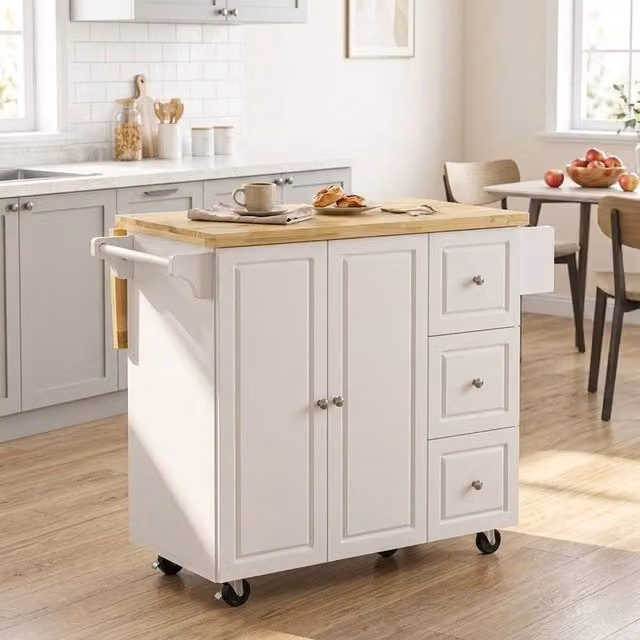 STILVORA Kitchen Island with Drop Leaf and Drawers in White Finish – 1