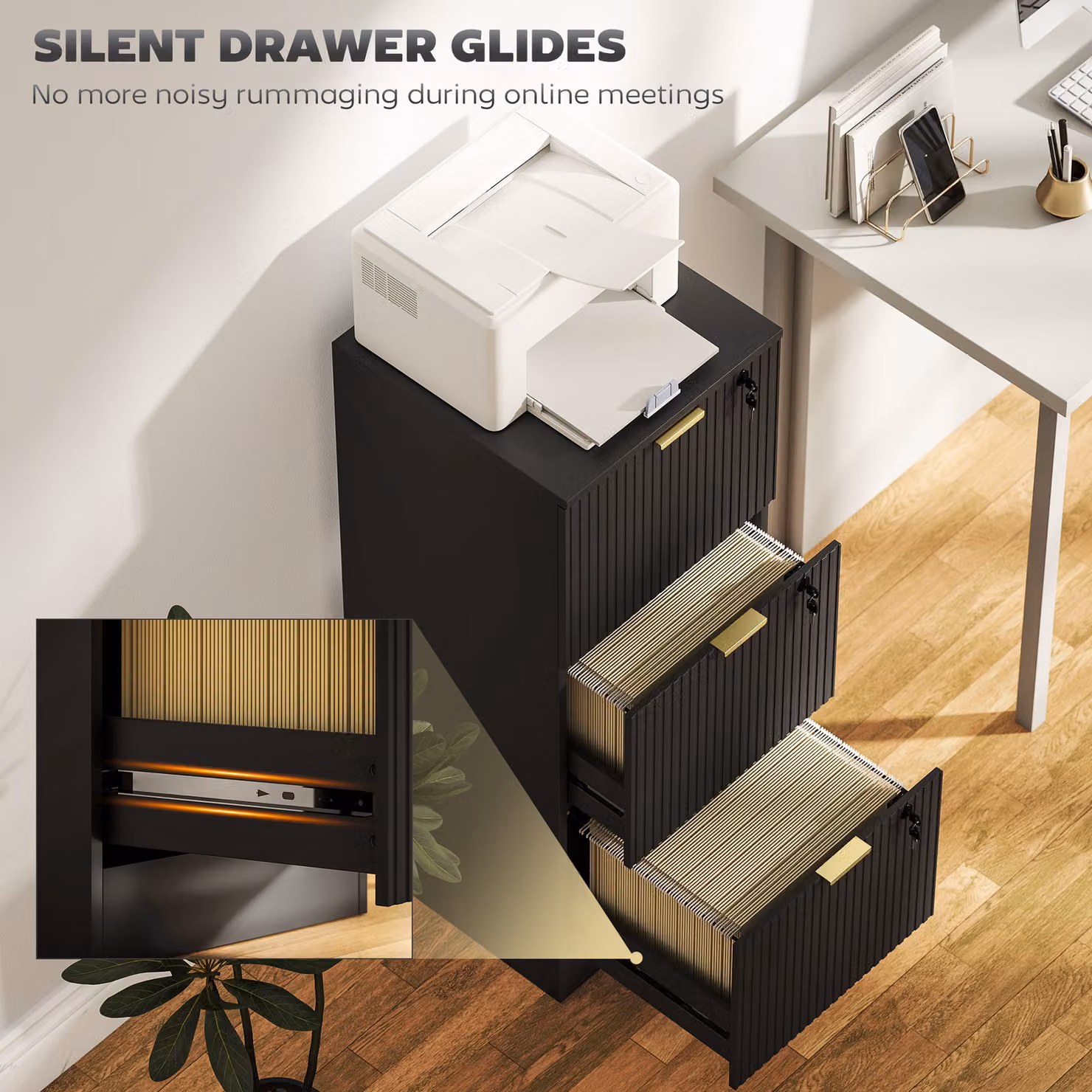 HOMCOM Black and Gold Fluted Vertical Filing Cabinet with 3 Lockable Drawers and Hanging Rails – 5