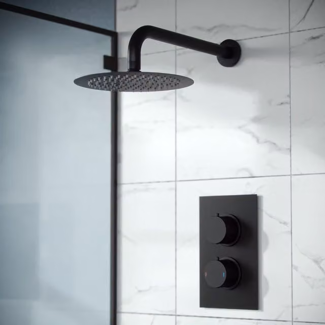 Nes Home Matte Black Concealed Thermostatic Rainfall Shower Mixer Set, 200mm Diameter