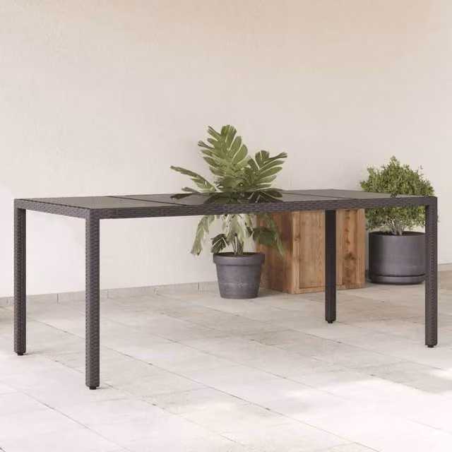 Berkfield Home Modern Black Poly Rattan Garden Table with Glass Top, W: 190 cm, D: 90 cm, H: 75 cm