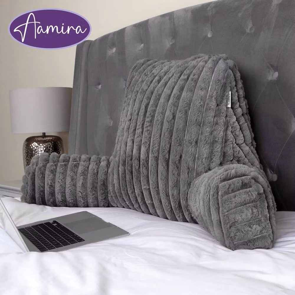 Aamira Grey Faux Fur Ribbed Memory Foam Contoured Wedge Reading Pillow – 9