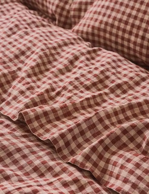 Piglet In Bed Red Mix Linen Rich Gingham Checked Flat Sheet, Single (3 ft)