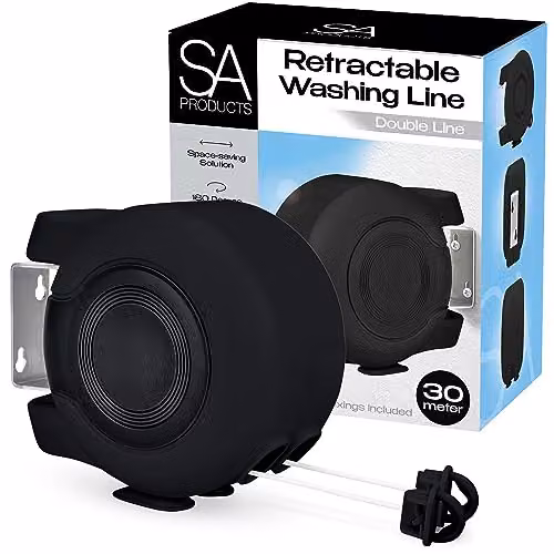 Tanness Wall Mounted Twin Cable Retractable Washing Line, 30m, Black