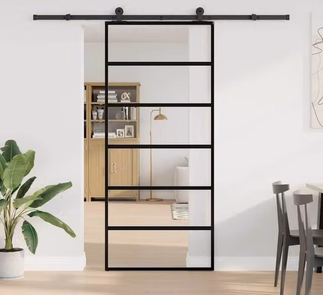 Berkfield Home Modern Sliding Door with Hardware Set, Black ESG Glass and Aluminium, W: 90 cm, H: 205 cm