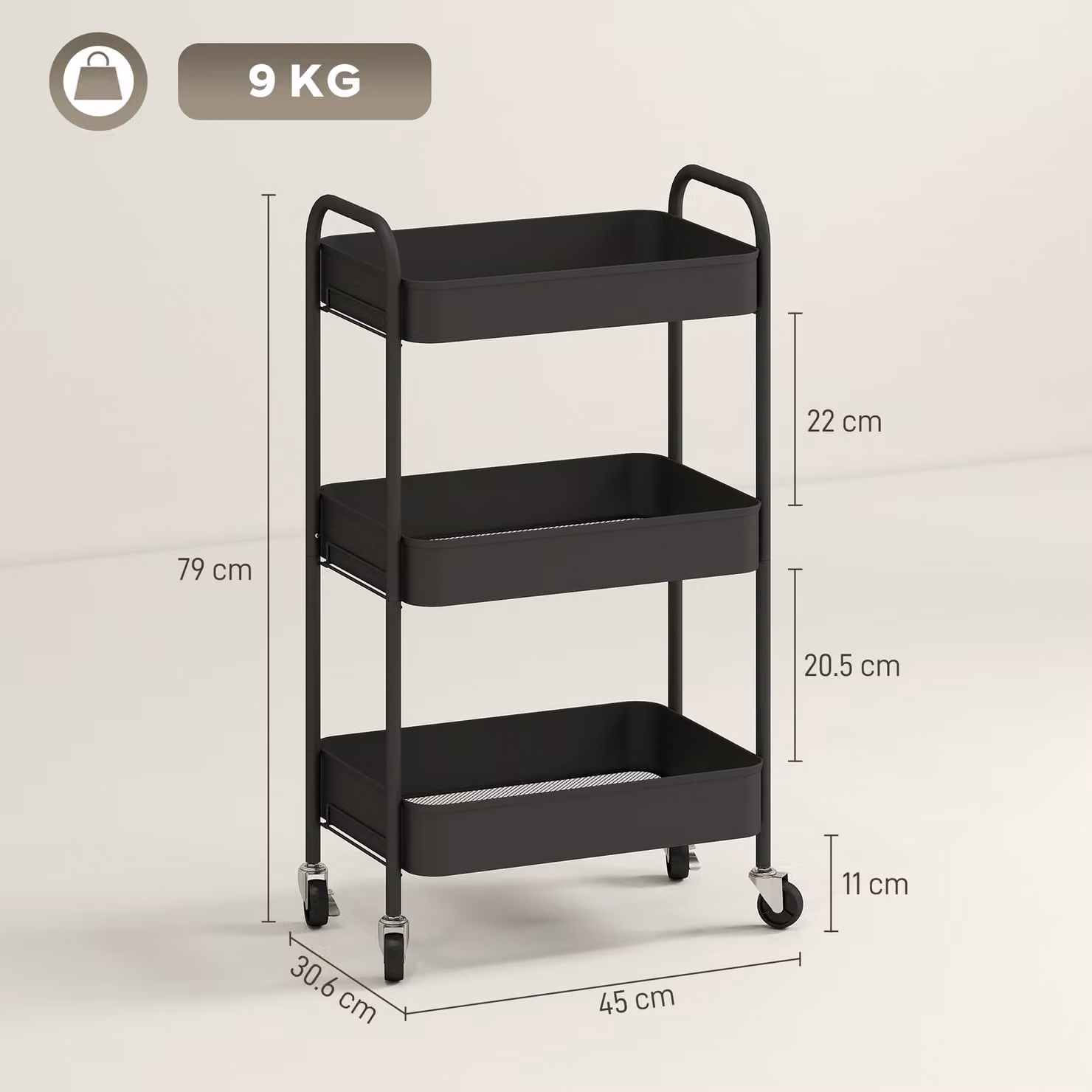 HOMCOM Three-Tier Black Metal Kitchen Storage Trolley – 3