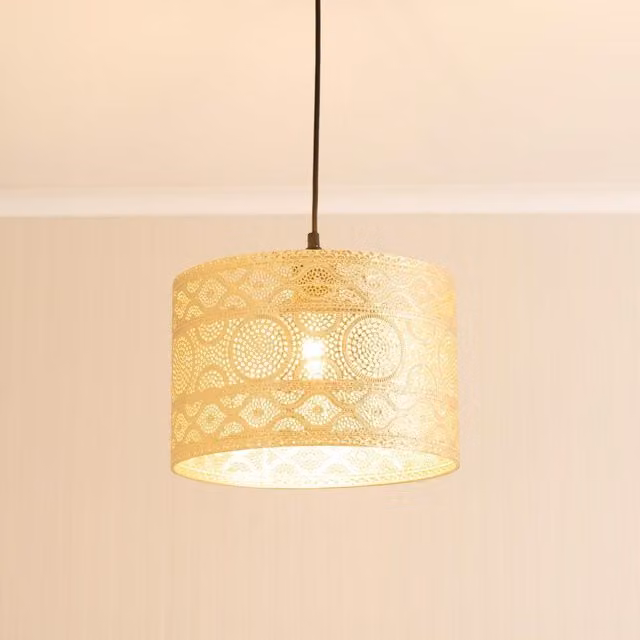 ValueLights Casablanca Pair of Gold Moroccan Style Easy Fit Drum Lamp Shades with LED Bulbs, Width: 31 cm