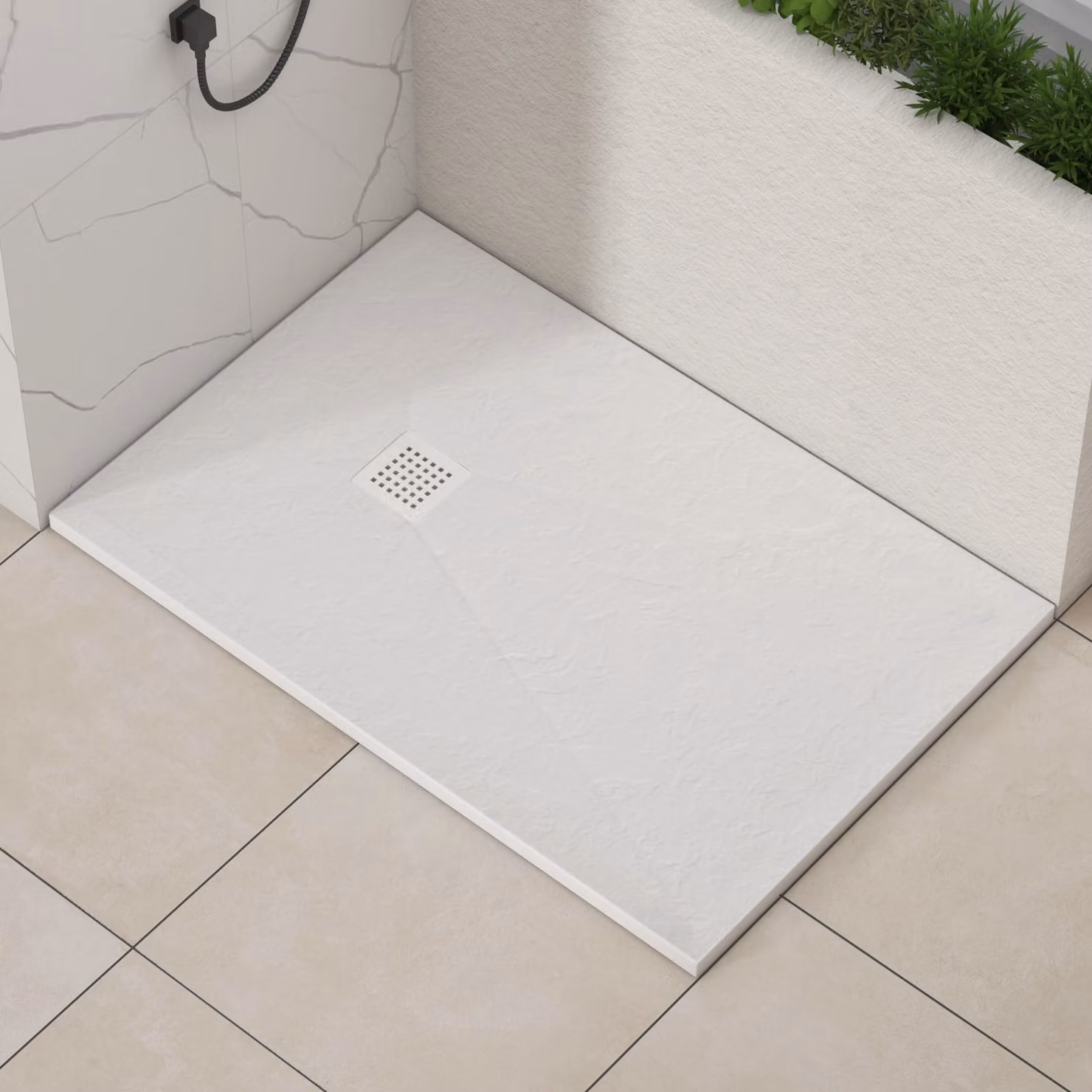 Luxor Rectangular White Slate Effect Mineral Cast Stone Shower Tray with Waste and White Grate, W: 140 cm, D: 90 cm, H: 3 cm
