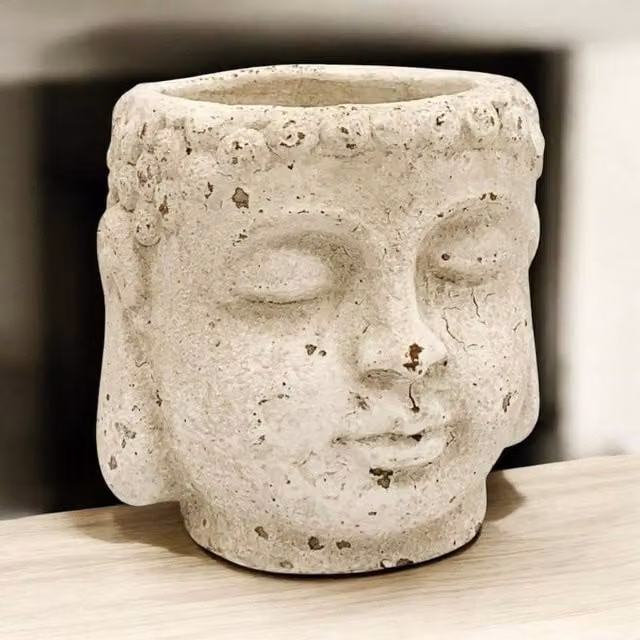 Minster Buddha Flower Pot in Beige Concrete, W: 16 cm, D: 16 cm, H: 17 cm