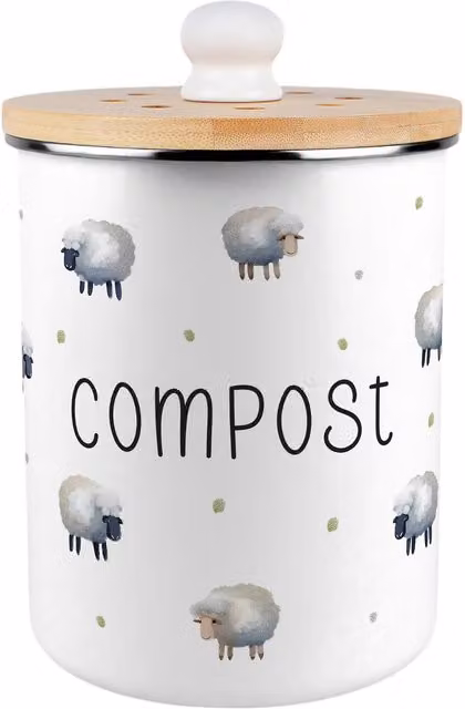 Purely Home Spring Sheep Metal Compost Caddy with Flip Lid, 2L, White or Green