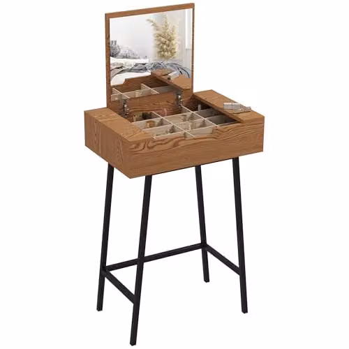 HOMCOM Industrial Dressing Table with Flip-Up Mirror and 16 Compartments in Natural Wood Effect, Black and Brown, W/D/H: 90 x 40 x 75 cm – 1