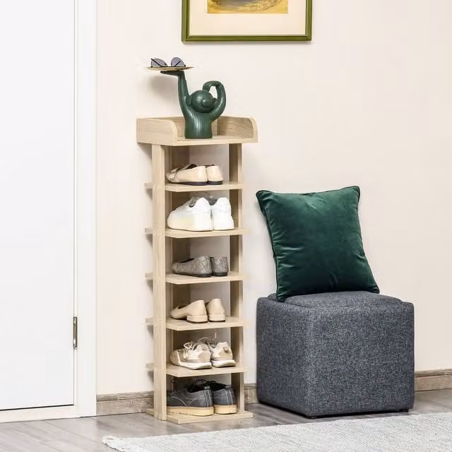 HOMCOM 7 Tier Wooden Shoe Rack Organizer and Storage Shelf in Brown
