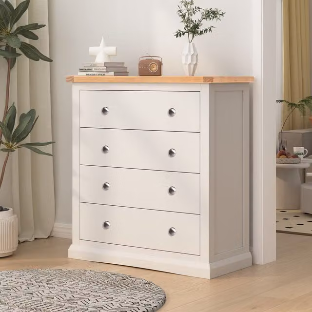 Cabinet Bits Castelli 4 Drawer Chest of Drawers in White Pine with Chrome Knobs