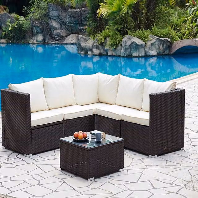 GRS Modern Brown Rattan Corner Set with Glass Table and Polyester Cover