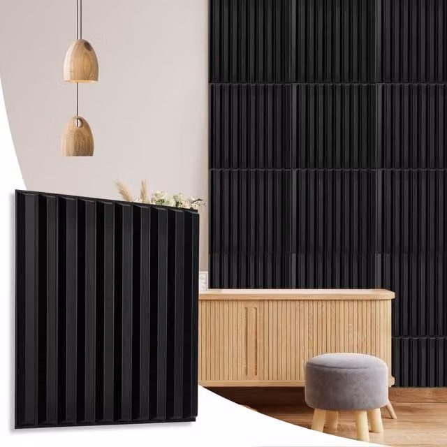 NOVECRAFTO Matte Black 3D Fluted Line PVC Wall Panels, W: 50 cm x H: 50 cm