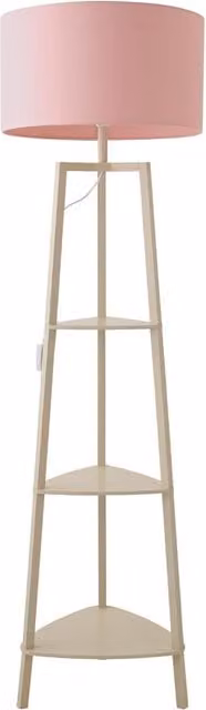 ValueLights Hiru 3 Tier Wooden Shelf Floor Lamp with Fabric Drum Shade in Cream and Pale Pink