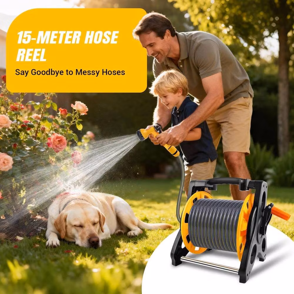 FLAVORA Black Freestanding Garden Hose Reel Trolley with 15m Hose – 3