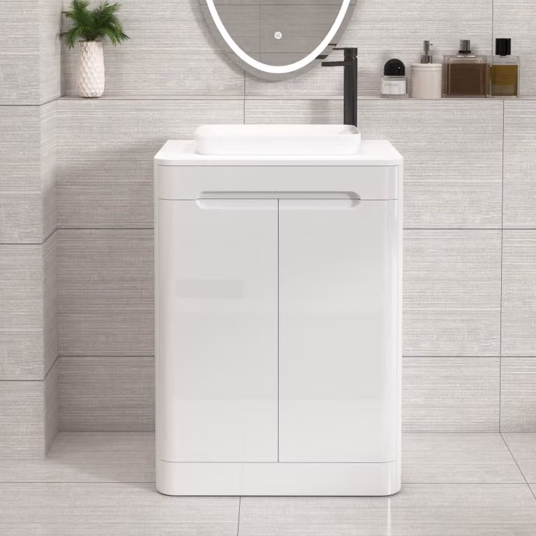 Royal Bathrooms Venice 600mm Gloss White Floor Standing 2 Door Vanity Unit with Plain White Worktop and Qubix Basin