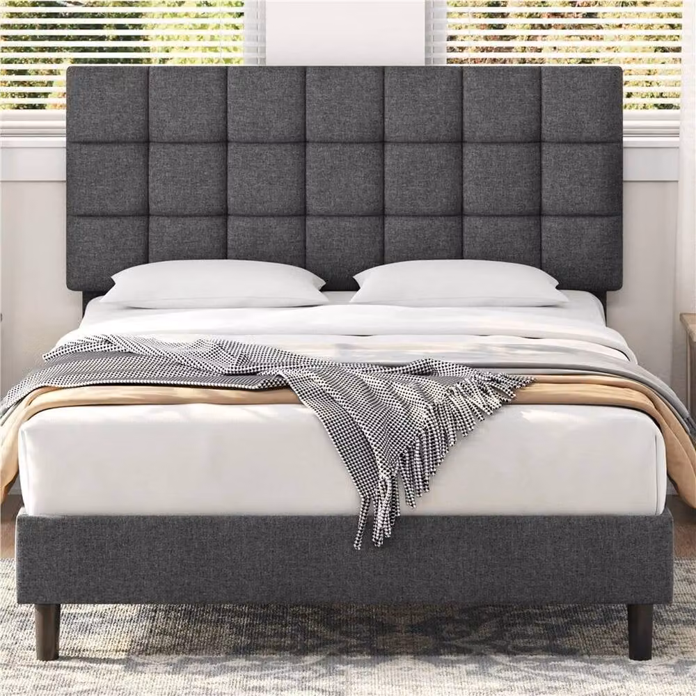 NESTLUNE Grey Upholstered Double Bed Frame W: 135 cm, L: 190 cm – 4