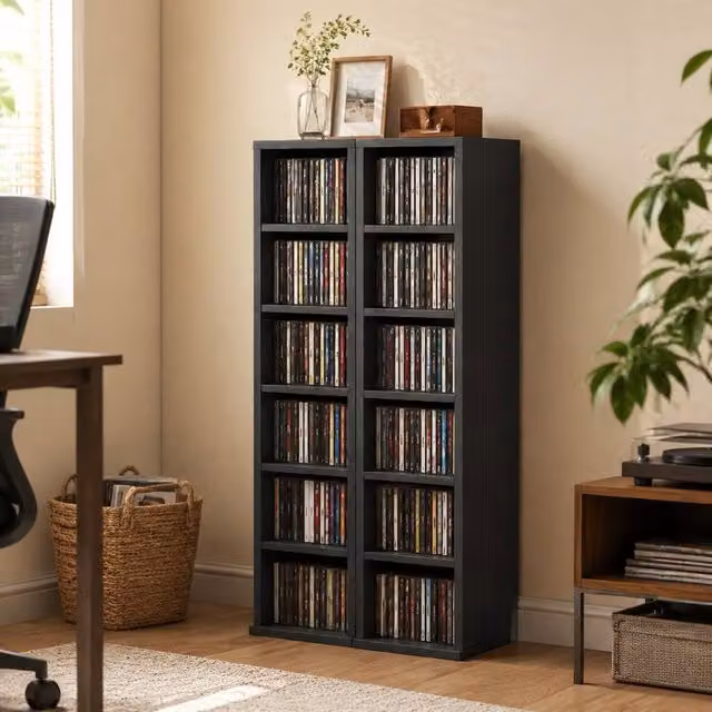 STILVORA Set of 2 Black CD Storage Units with Adjustable Shelves