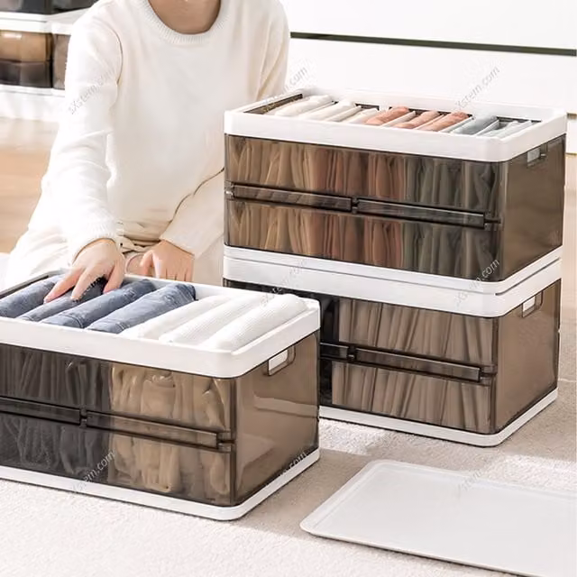 Livingandhome Foldable and Stackable Clothes Organiser Storage Box in Transparent Brown