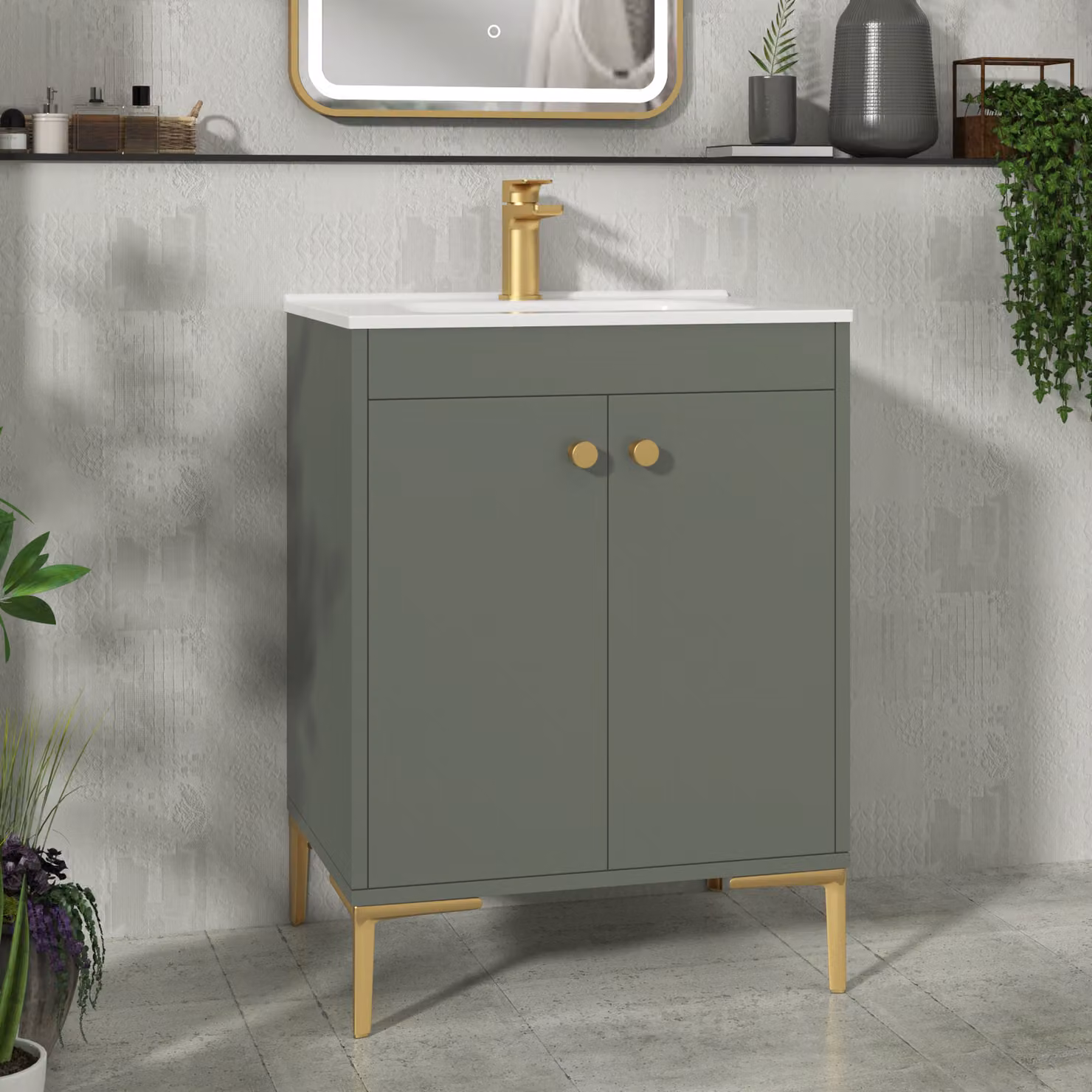 Royal Bathrooms Verona 600mm Matt Green Floor Standing 2 Door Vanity Unit with Ceramic Basin and Brushed Brass Knob