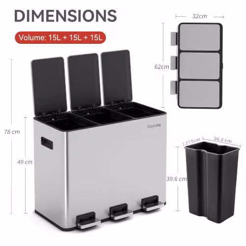 MCC Direct 45L Silver Stainless Steel Kitchen Recycling Pedal Bin with Soft-Close Lids and Removable Inner Buckets – 2