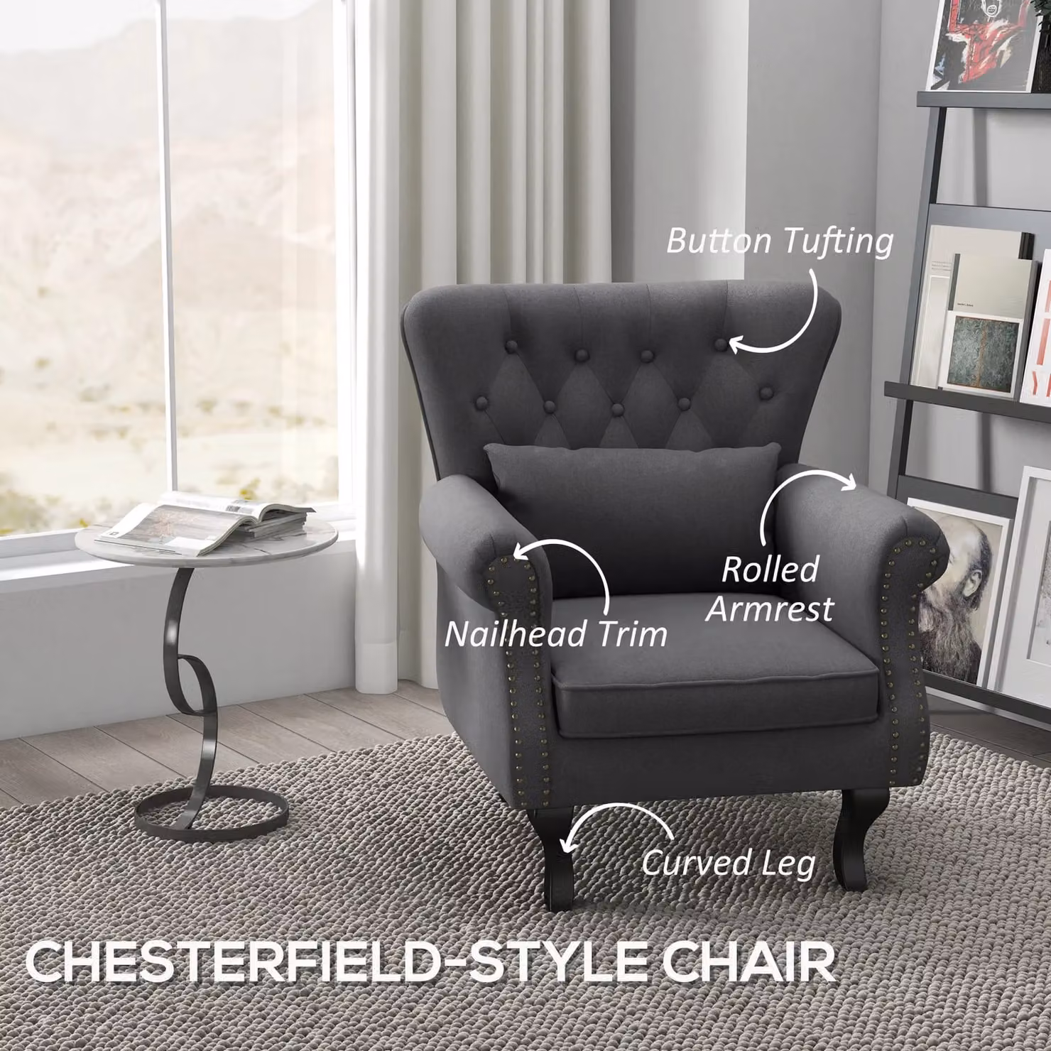 HOMCOM Chesterfield Style Wingback Accent Chair with Pillow in Grey Fabric – 3
