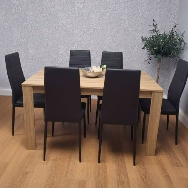 KOSY KOALA Modern Oak Effect Dining Table Set with 6 Black Faux Leather Chairs in Brown, W/D/H: 160 x 77 x 75 cm