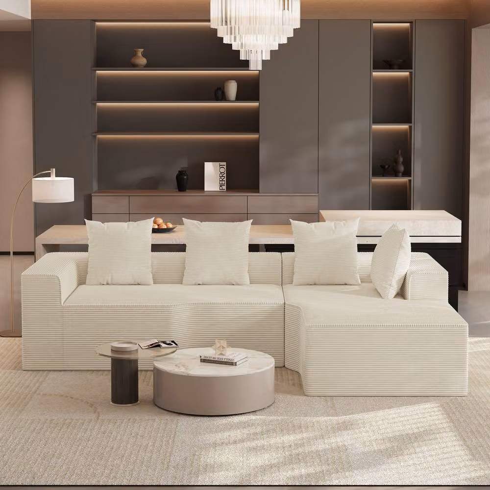 Dprodo Beige Corduroy Right L-Shaped Modular Sofa with Scatter Cushions, Width: 320 cm – 2