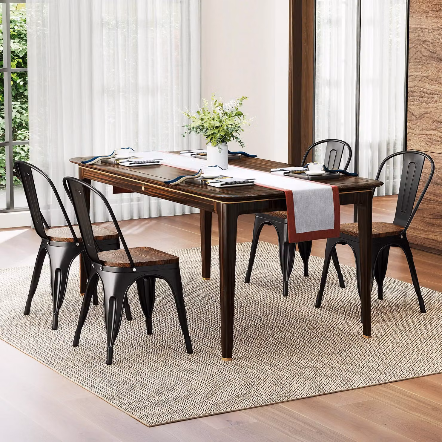 Gymax Set of 4 Stackable Metal and Wood Industrial Dining Chairs in Matt Black – 4
