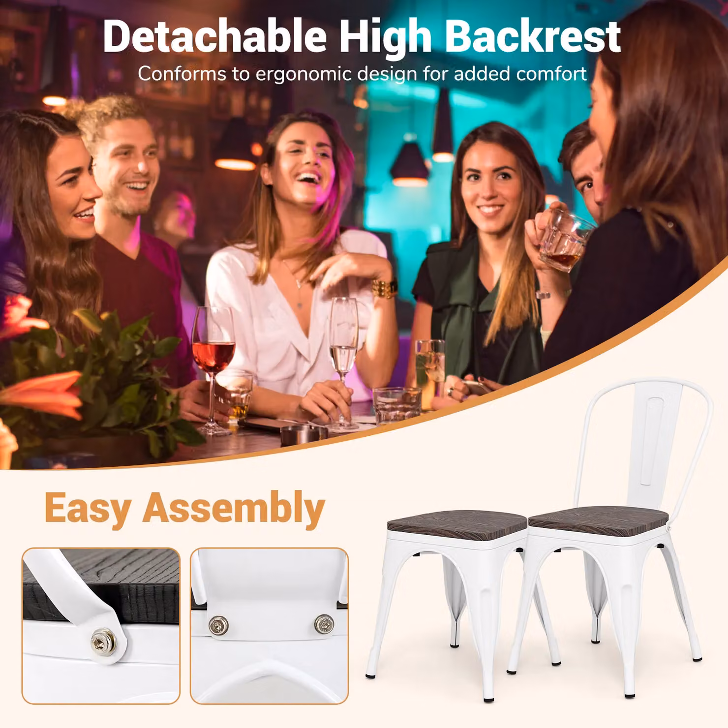 Gymax Set of 4 Stackable Metal and Wood Industrial Dining Chairs in White – 3