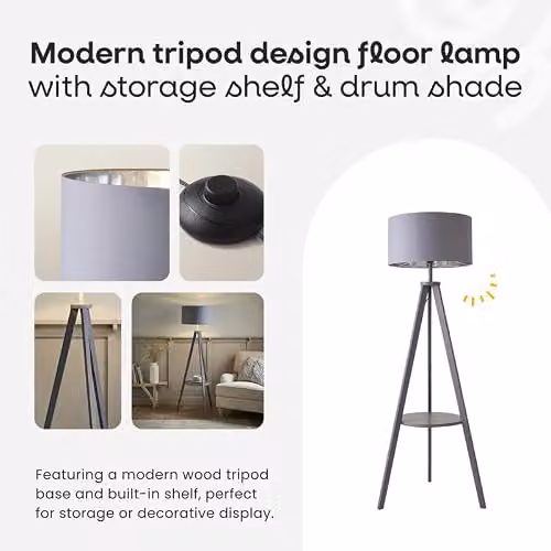 ValueLights Morrigan Grey Wood Tripod Floor Lamp with Blue Fabric Cylinder Shade and LED Bulb – 4