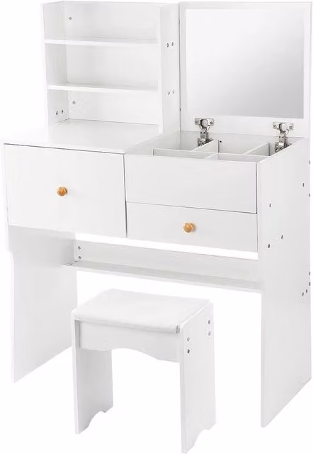 NESTLUNE Modern White Bedroom Vanity Dressing Table Set with Mirror and Drawers W/D/H: 100 x 100 x 100 cm