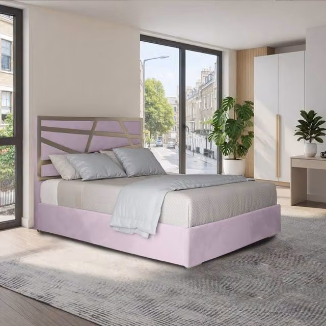 Casani Enborne Super King Upholstered Velvet Bed Frame in Pink with Metal Details – 1
