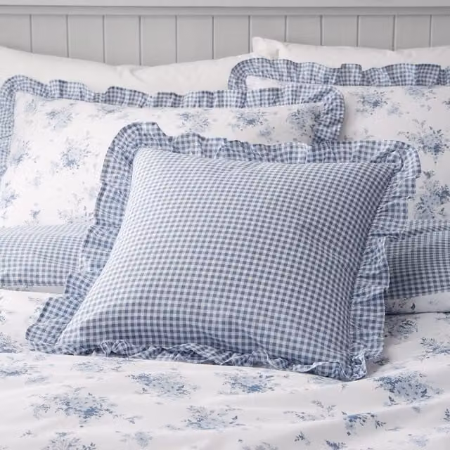 Catherine Lansfield Lucie Floral Reversible Filled Cushion, Blue, 45 x 45 cm